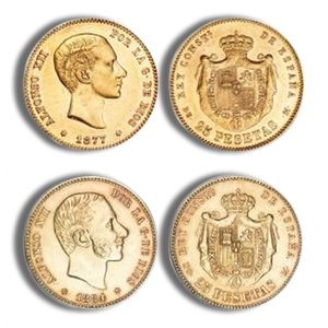 Spain 25 Pesetas Gold Coin - XF+ (Random Year)