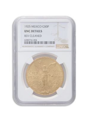 1925 Mexico Gold 50 Peso - Unc Details - Rev Cleaned