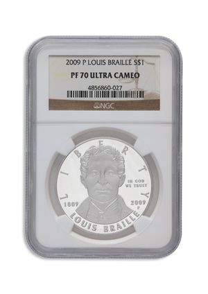 2009-P $1 Louis Braille Silver Commem - NGC PF70